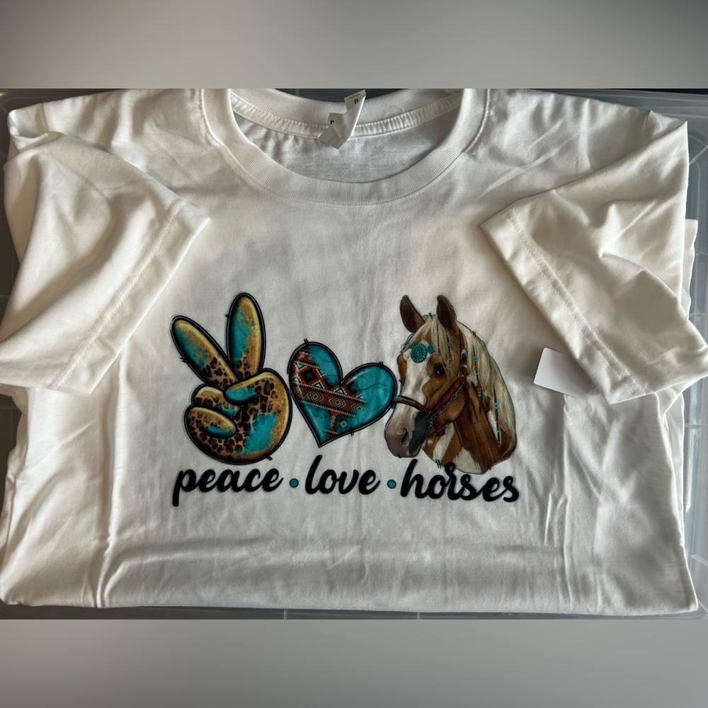 New custom made Peace Love Horses white short sleeve shirts